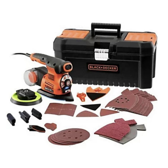 outillage essentiel relooker mobilier Ponceuse multifonction 4-en-1 Black & Decker Autoselect KA280LKA + accessoires