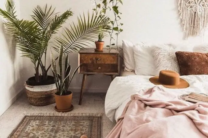 soigner detail deco chambre adulte plantes vertes descente de lit table de chevet moderne éclectique