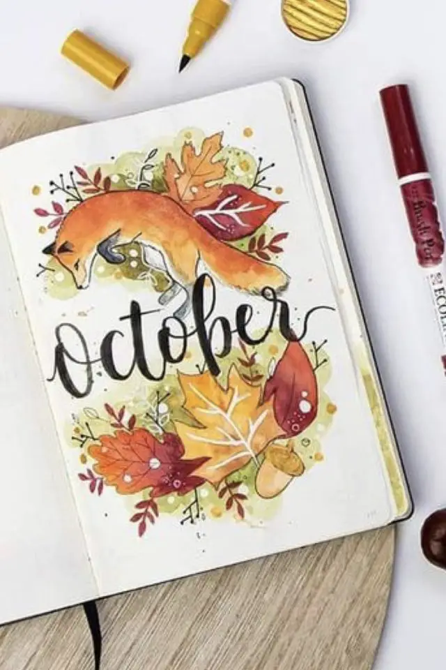 bullet journal exemple 4 saisons octobre automne couleur rouge jaune orange renard feuilles qui tombent
