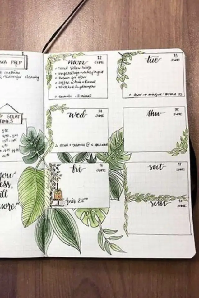 bullet journal nature calendrier feuilles et plantes tropicales