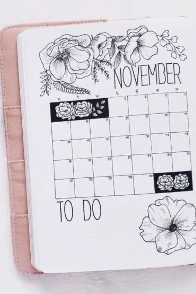 bullet journal nature calendrier noir et blanc motif floral mois entier sur une page