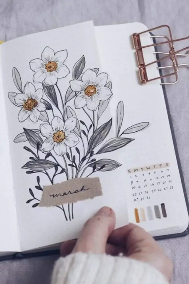 bullet journal theme nature decoupage petit bouquet de fleurs dessinées calendrier mois détails élégant