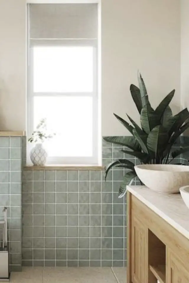 carrelage vert sauge salle de bain soubassement simple nature carrelage carré