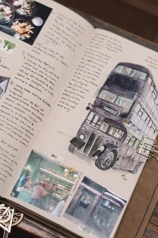 exemple carnet de voyage scrapbooking aquarelle Angleterre UK Londres symbole bus