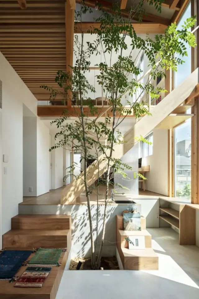 interieur spacieux design bois exemple pièce à vivre grande hauteur sous plafond escalier arbuste 