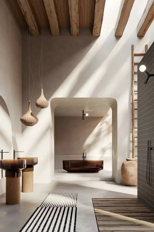 interieur spacieux design bois exemple salle de bain épurée minimaliste grand espace