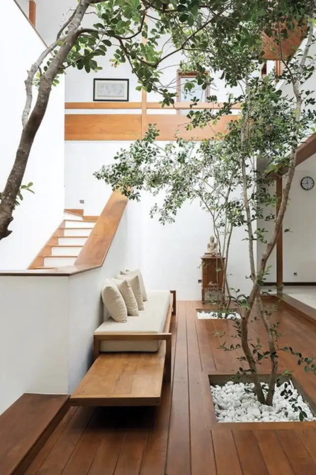 interieur spacieux design bois exemple escaliers murs blanc parquet arbuste indoor