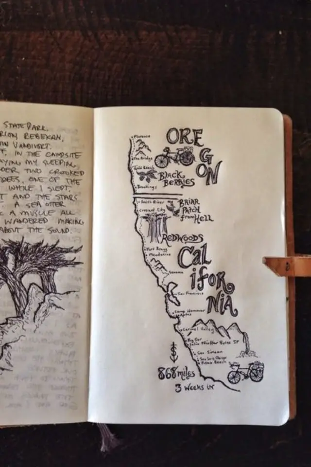 journal de voyage exemple decoration Etats Unis USA Californie Oregon dessin carte en noir et blanc