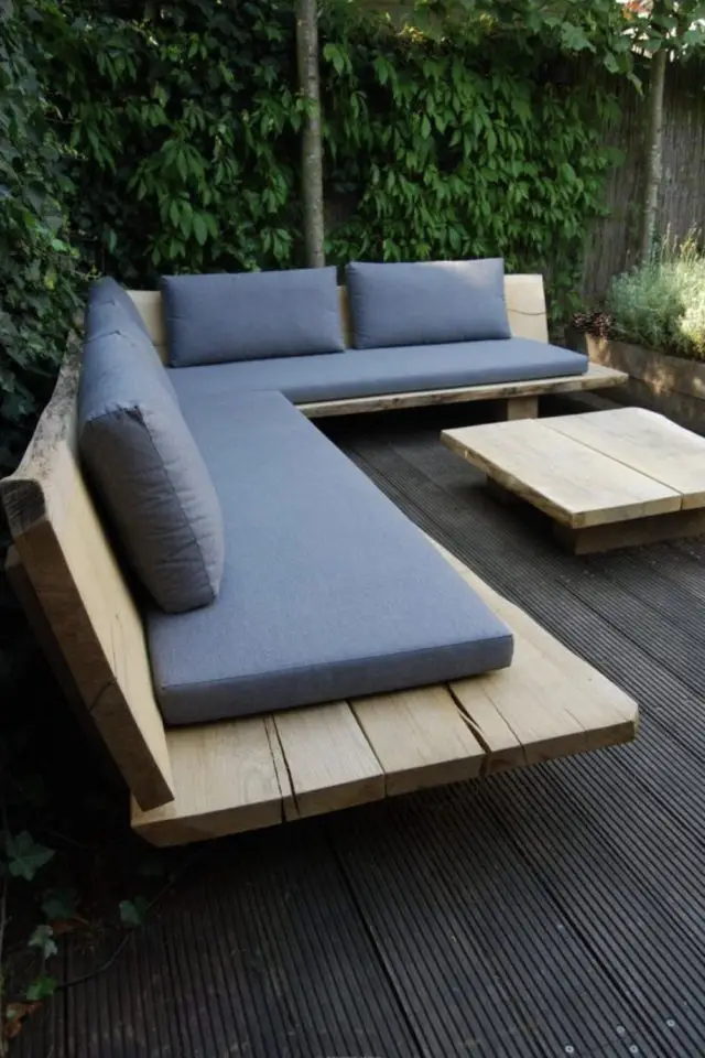 meuble jardin en bois deco exemple banquette canapé angle extérieur épuré minimaliste