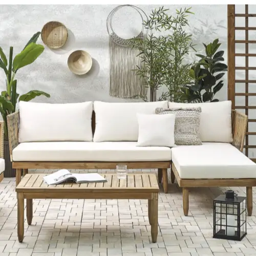 ou trouver salon jardin bois moderne Salon de jardin 4 places en bois avec coussins blanc cassé canapé d'angle et fauteuil