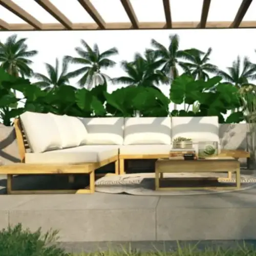 ou trouver salon jardin bois moderne Salon de jardin bois d'acacia coloris beige 5 place canapé d'angle 