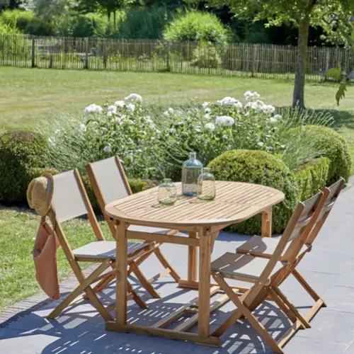 Salon de jardin en acacia et textilène gris 4 personnes table ovale chaise bois et tissu