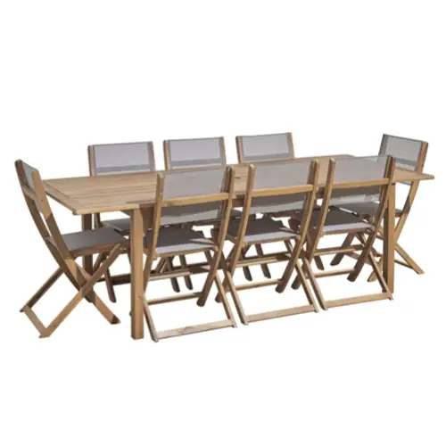 ou trouver table chaise bois jardin Salon de jardin extensible en acacia et textilène gris 8/10 places