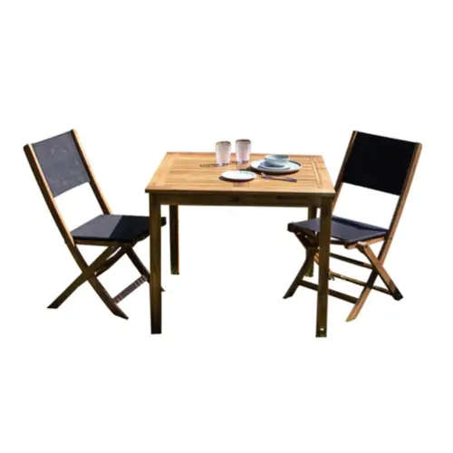ou trouver table chaise bois jardin Salon de jardin en acacia et textilène noir 2 personnes petite table carré petite terrasse balcon 