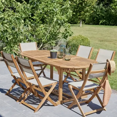 ou trouver table chaise bois jardin Salon de jardin en acacia et textilène gris 6/8 personnes