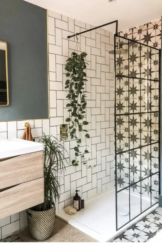 quelle variete plante salle de bain moderne douche carrelage blanc et à motif meuble en bois plante tombante