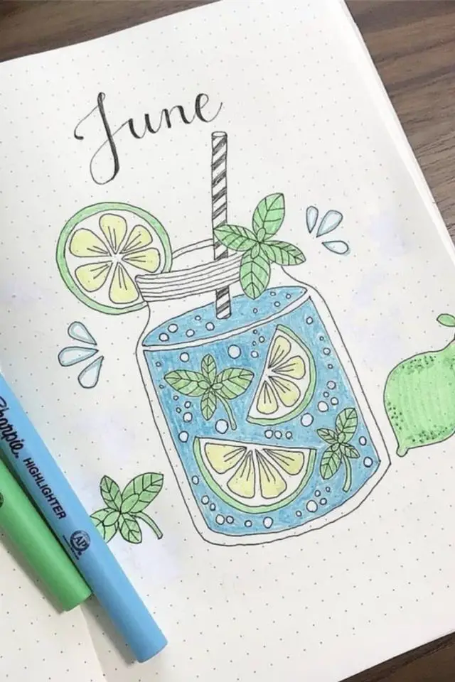 bullet journal vacances illustrations idees page de garde mois de juin thème mojito