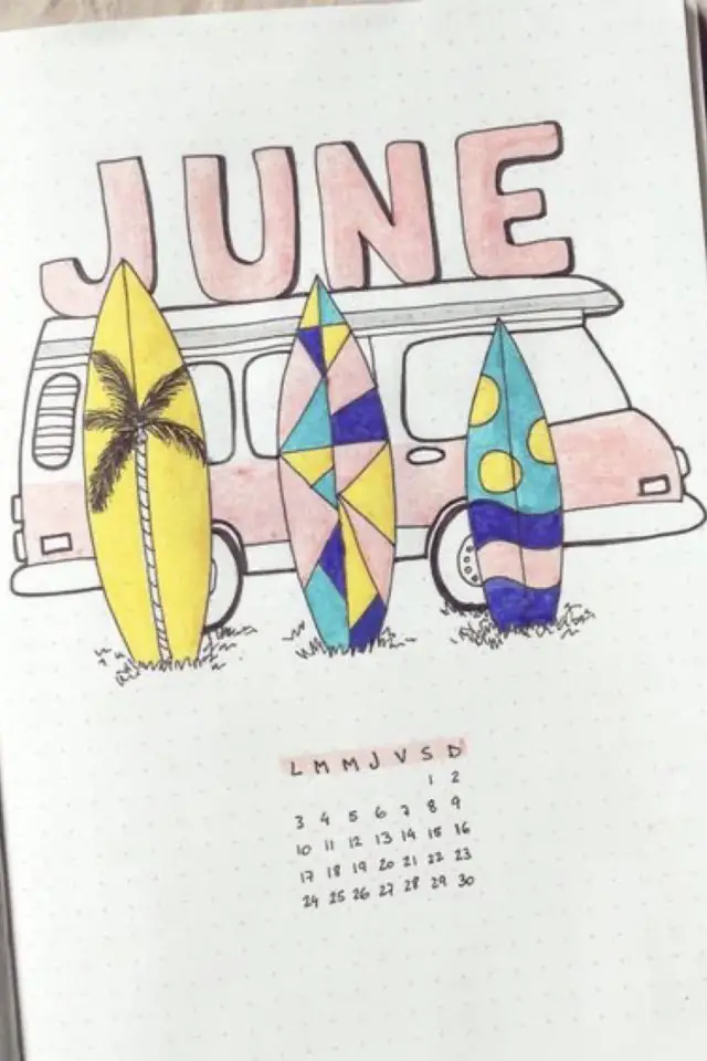 bullet journal vacances illustrations idees page de couverture van et planche de surf mois de juin