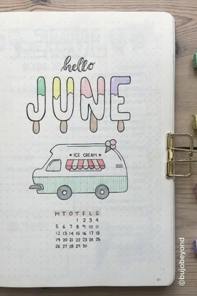 bullet journal vacances illustrations idees mois de juin camion de glace chaleur canicule couleur pastel