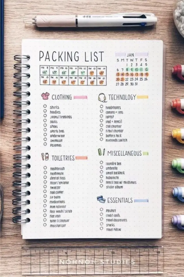 bullet journal vacances listes exemple organisation ne rien oublier packing list valise