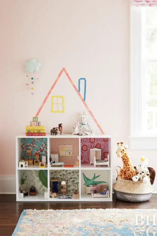 chambre enfant deco murale facile exemple masking tape pas cher dessus meuble de rangement motif maison ludique