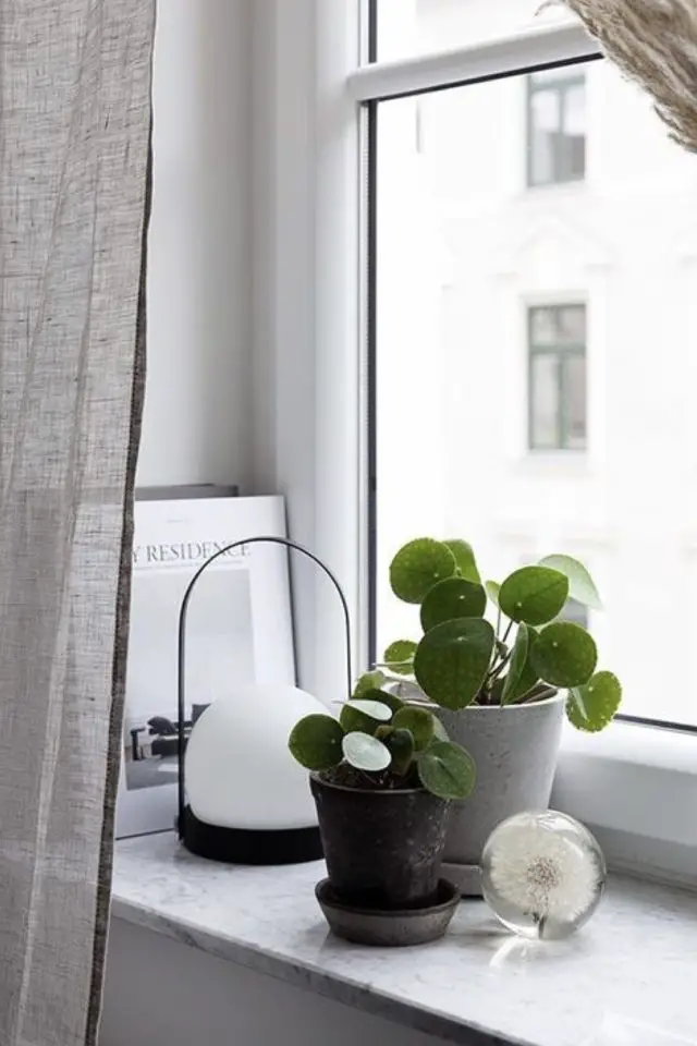 deco rebord de fenetre exemple pilea plante verte facile à pousser lumière lampe à poser livre rideau en lin