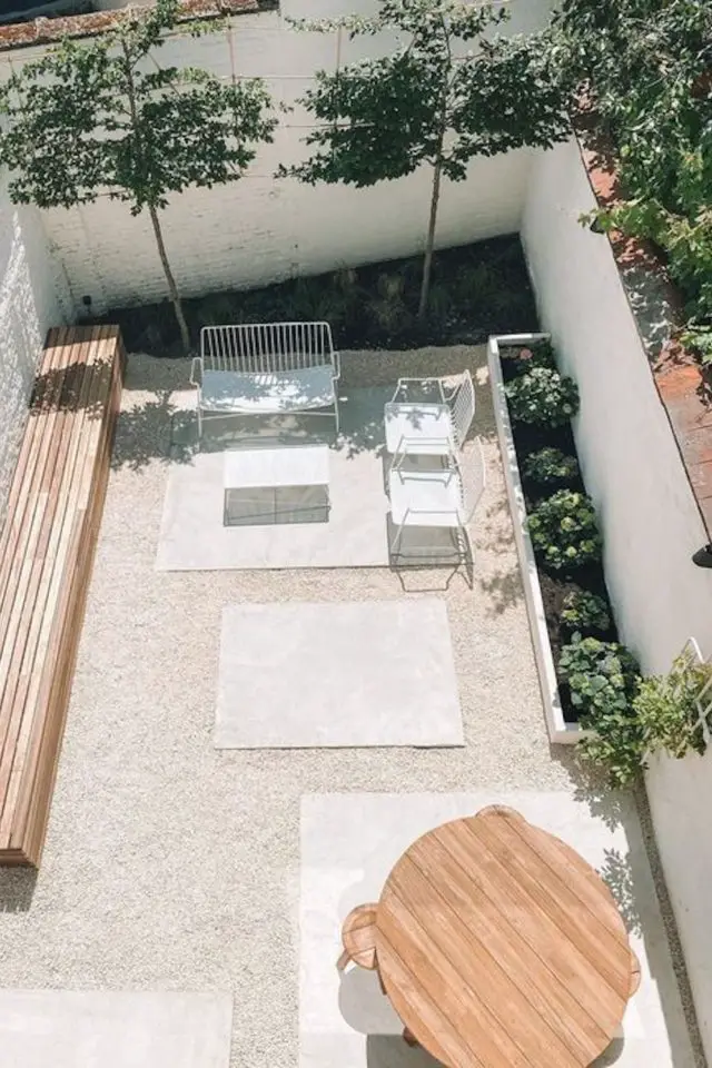 exemple jardin terrassse gravier beton vue de haut graphique design élégant