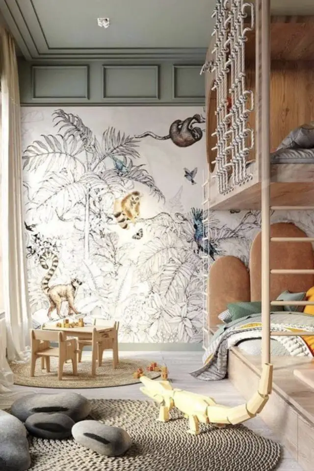 exemple mezzanine moderne chambre enfant décoration tendance jungle papier peint