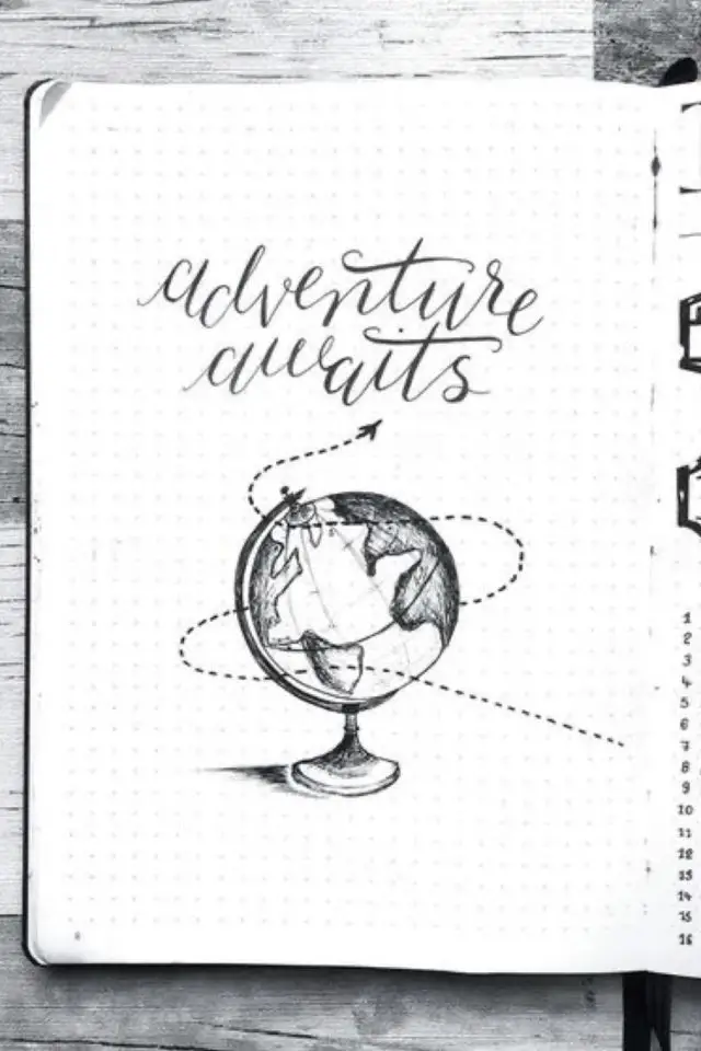 journal de voyage exemple citation dessin en noir et blanc globe terrestre jolie typo calligraphie