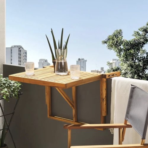 meuble balcon tout en longueur Table pliable 2 personnes en acacia bois clair