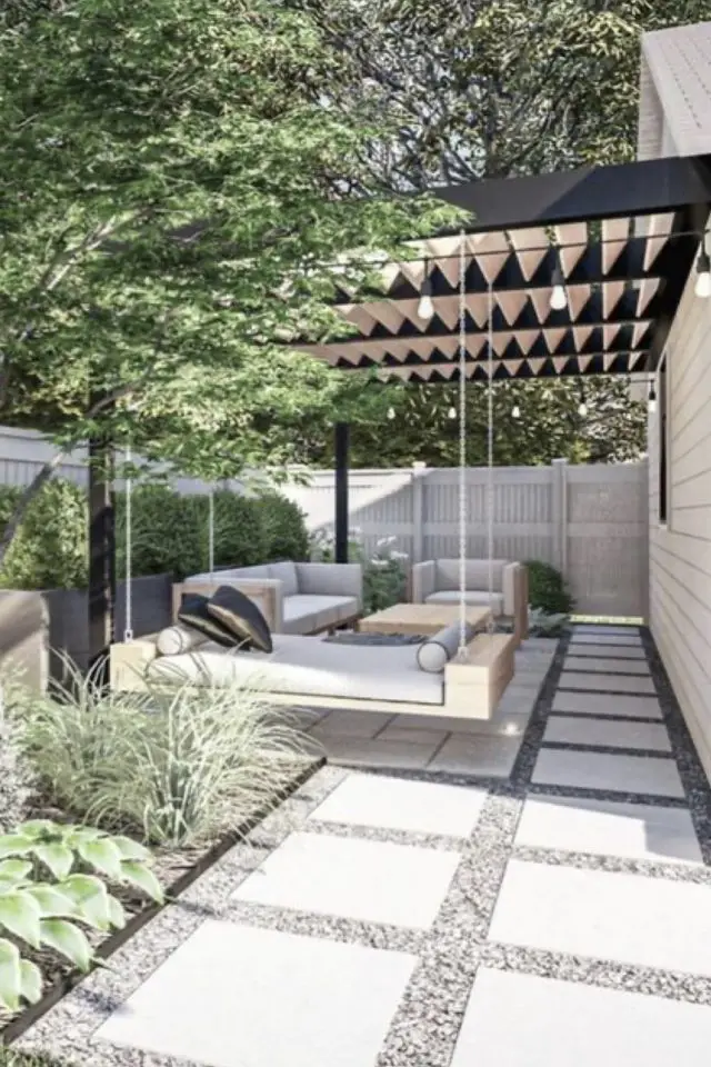 terrasse en beton design exemple dalle gravier pergola salon de jardin ombre