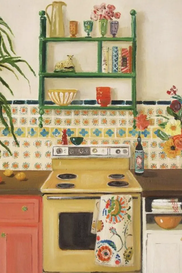 touche de jaune decor interieur cuisine rétro carrelage crédence ocre gazinière vintage