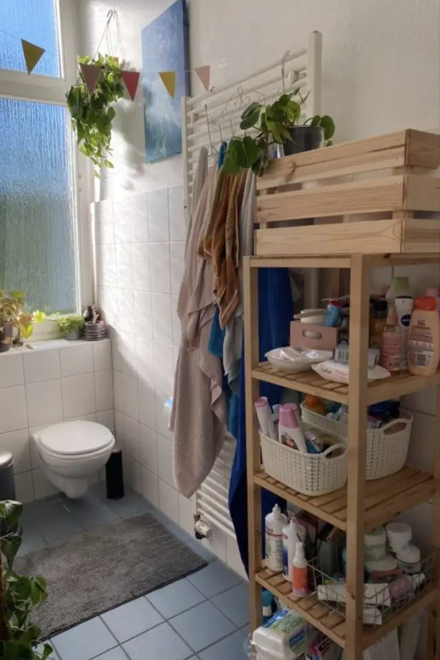 appartement etudiant petite salle de bain exemple meuble appoint en bois étagère pratique