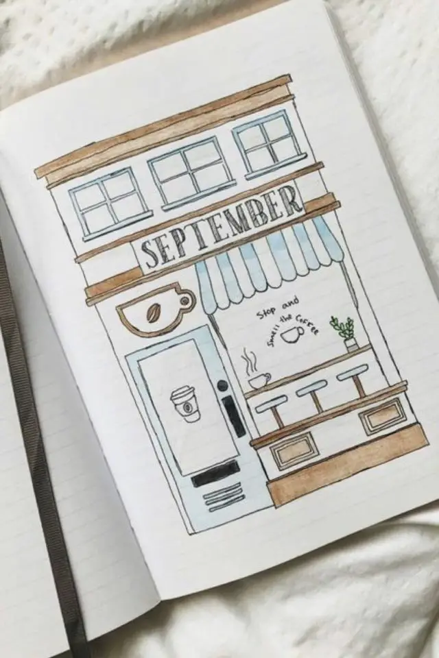 bullet journal page de garde septembre dessin illustration devanture café boutique simple