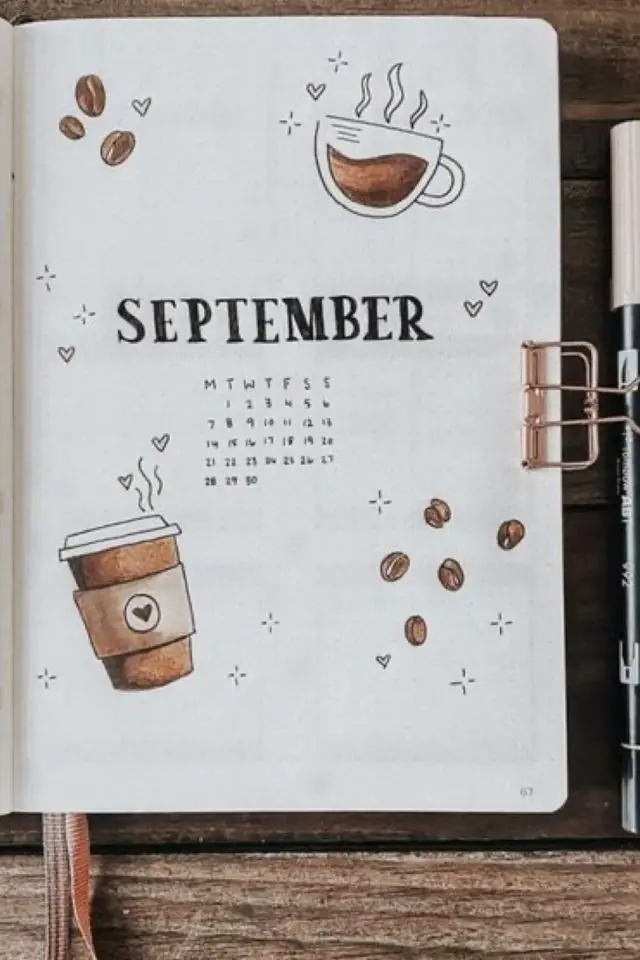 bullet journal page de garde septembre café starbucks tasse grain simple illustration