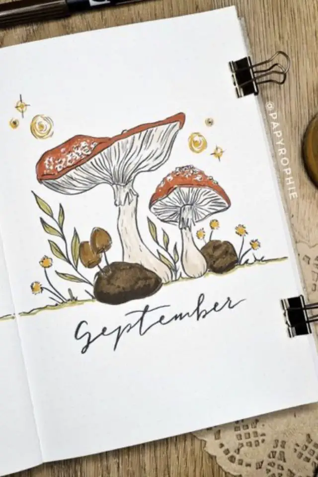 bullet journal page de garde septembre champignon illustration dessin automne