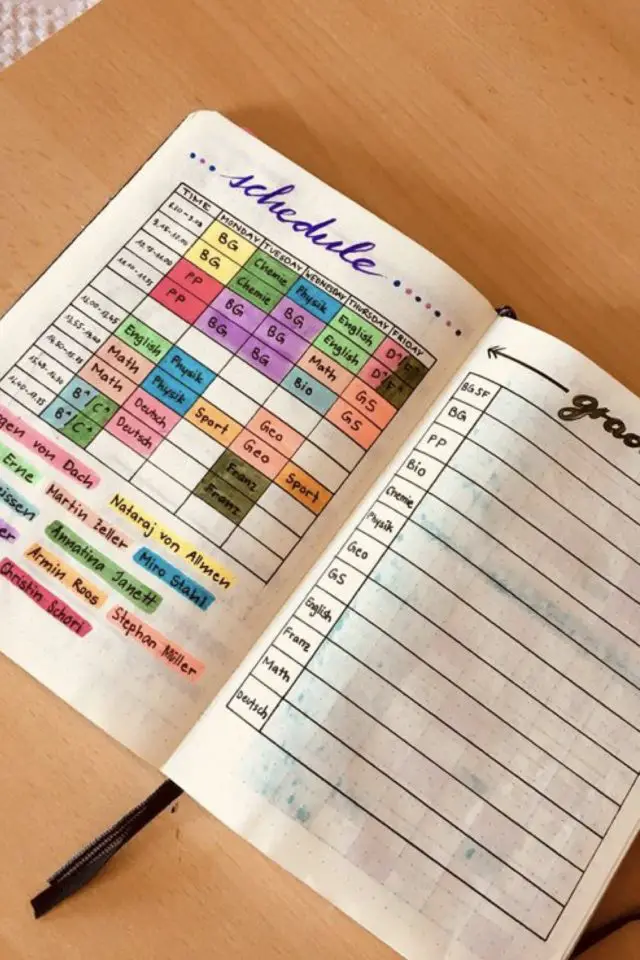 calendrier scolaire bullet journal exemple emploi du temps coloré semaine