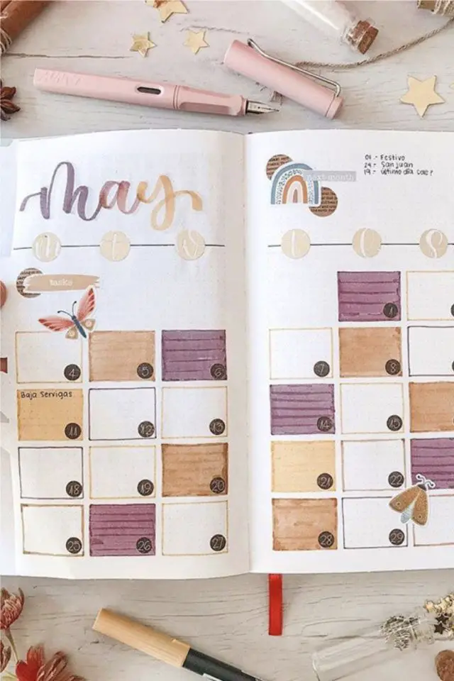 calendrier scolaire bullet journal exemple case couleur repère organisation vue d'ensemble