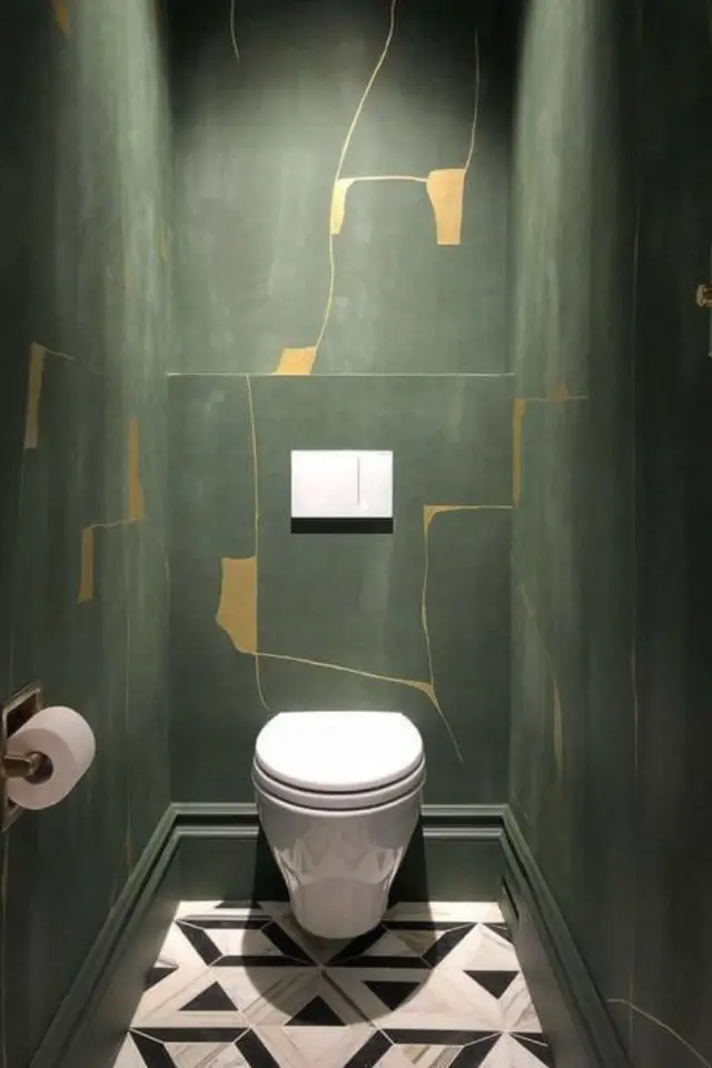 carrelage motif toilettes exemple noir et blanc élégant chic peinture murale verte et or