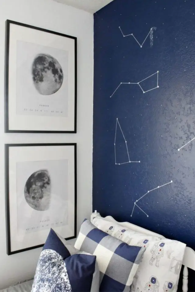 chambre enfant decoration theme espace constellation dessinée sur me mur affiche déco photo de la lune