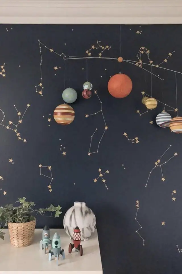 chambre enfant decoration theme espace constellation ciel dessin mur système solaire mobile