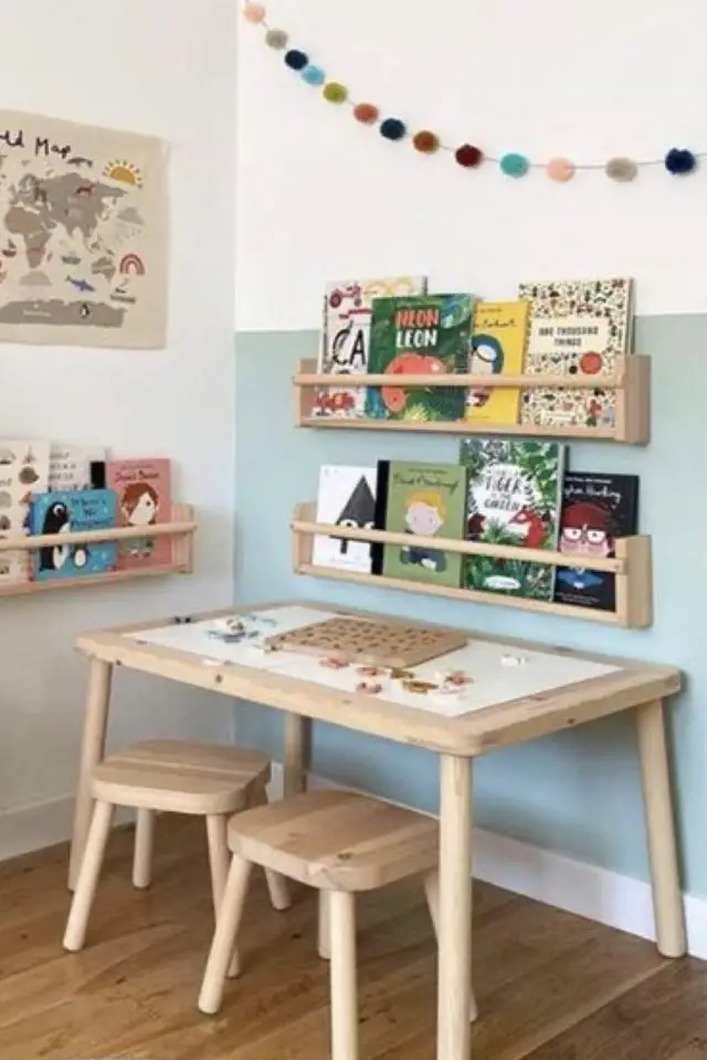 deco chambre enfant petit bureau exemple petite table en bois avec tabouret étagères murales pratiques rangement livre espace pédagogique