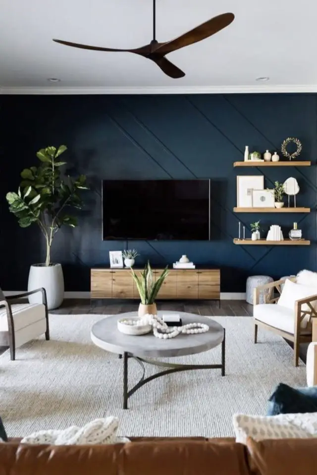 decor mur meuble tele exemple ton sur ton peinture bleu sombre tasseaux en bois