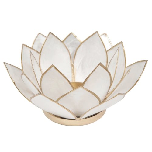 objet decoration salon moderne Bougeoir nacré en métal blanc lotus élégant