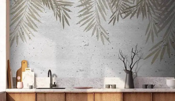 papier peint cuisine moderne exemple meuble ne bois plan de travail blanc ambiance calme zen nature