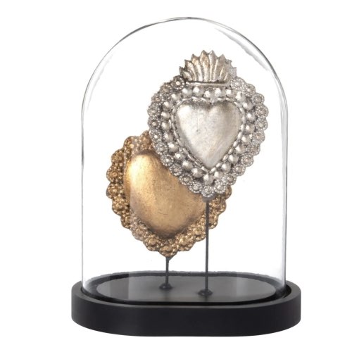 salon objet deco moderne Déco cloche en verre avec cœurs doré et argenté H22