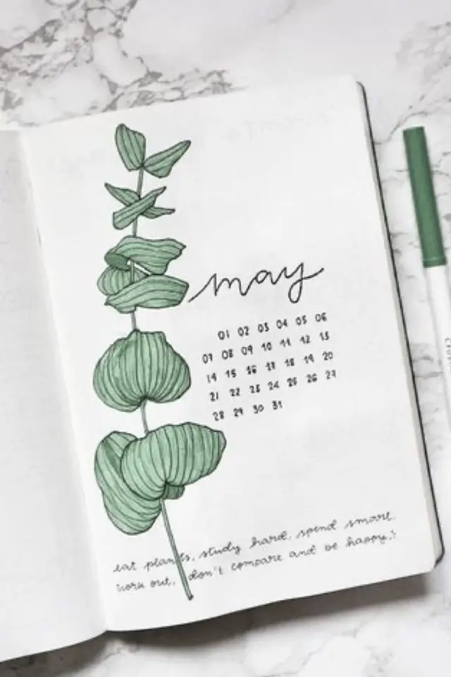 bullet journal minimal couleur exemple page de garde calendrier dessin plante verte