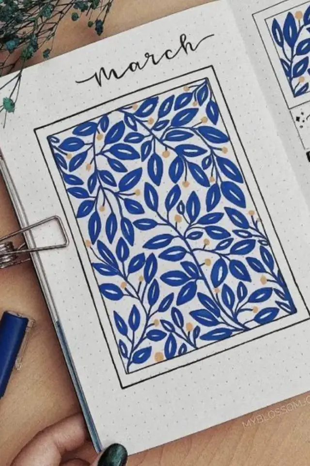 bullet journal minimal couleur exemple feuillage bleu simple page de garde encadrement