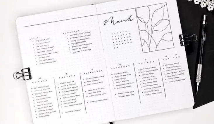 creer bullet journal minimal exemple noir et blanc calendrier page de garde dessin illustration mood trackers