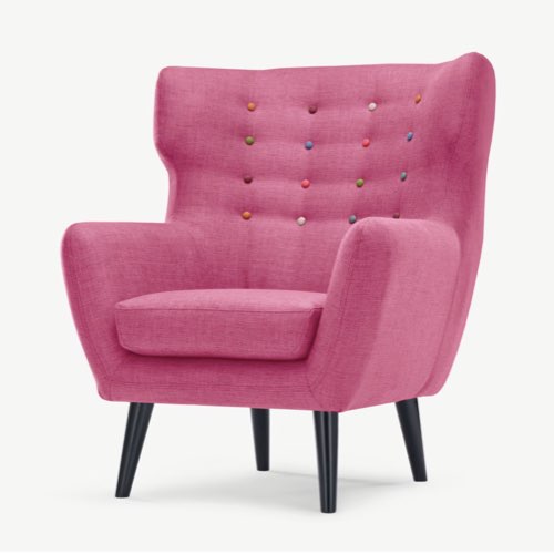 deco meuble salon eclectique shopping design Fauteuil bergère avec boutons arc-en-ciel, tissu rose bonbon et pieds noirs